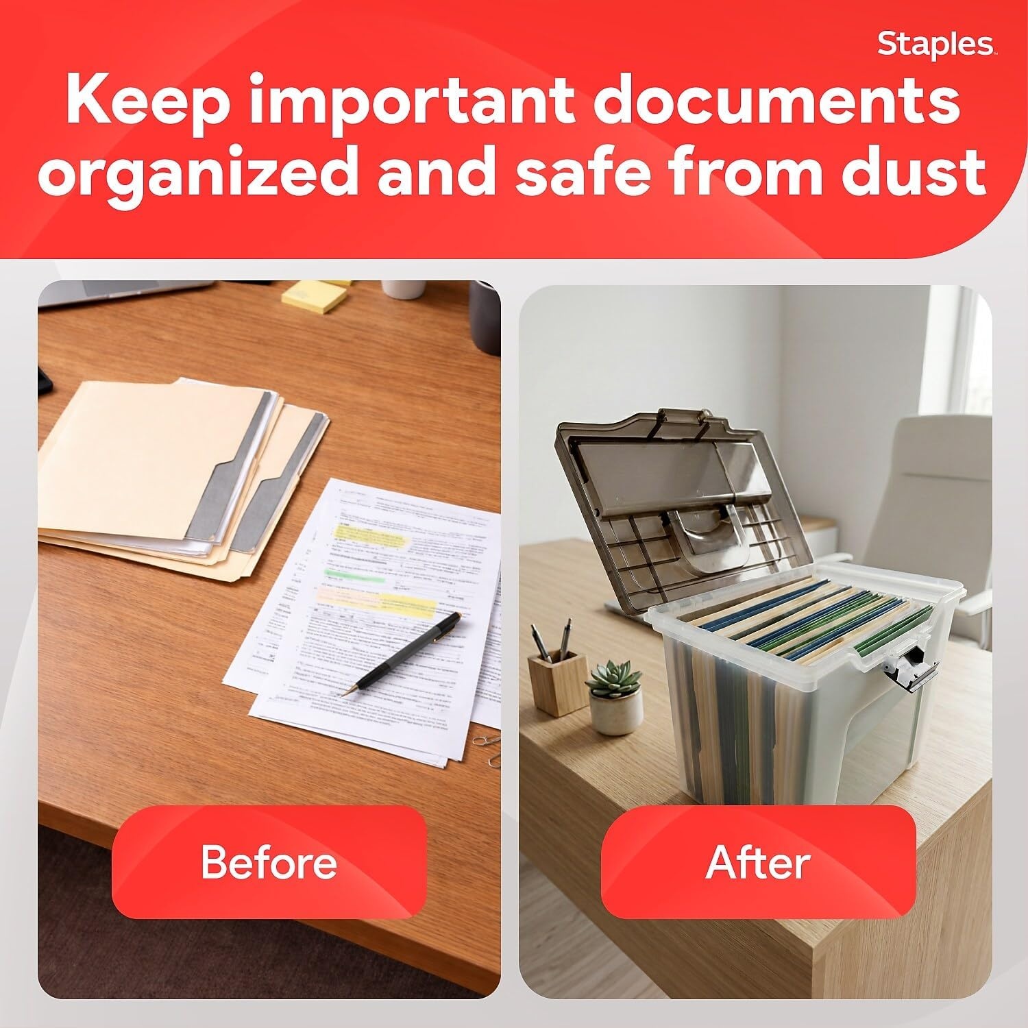 image:imageSTAPLES Hanging File Folder Box Storage Bin Organizer Snap Lid Letter amp Legal Size Documents ClearClear
