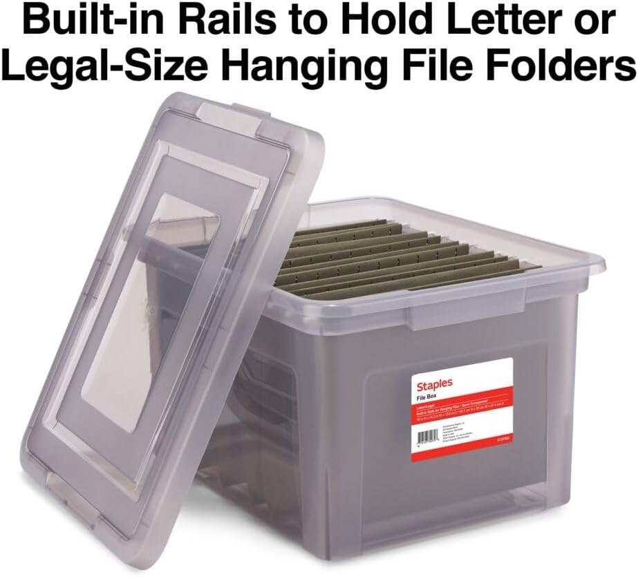 image:imageSTAPLES Hanging File Folder Box Storage Bin Organizer Snap Lid Letter amp Legal Size Documents ClearGray
