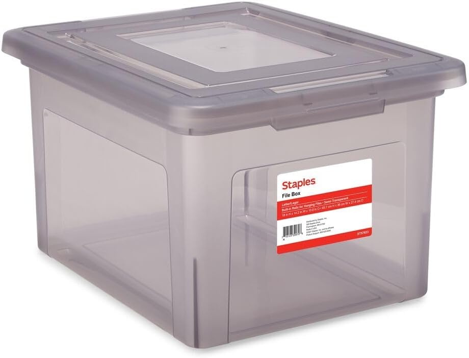 image:imageSTAPLES Hanging File Folder Box Storage Bin Organizer Snap Lid Letter amp Legal Size Documents ClearGray