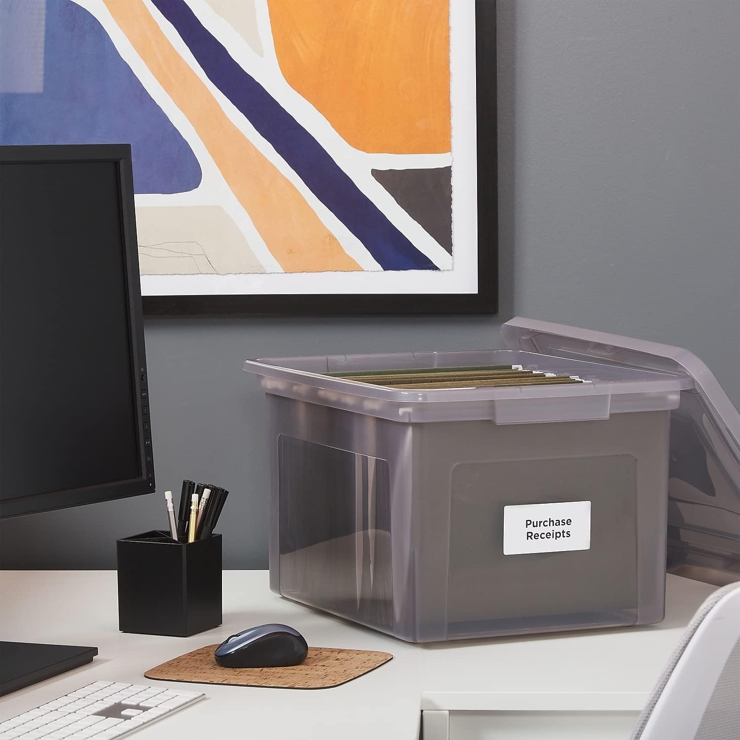 image:imageSTAPLES Hanging File Folder Box Storage Bin Organizer Snap Lid Letter amp Legal Size Documents ClearGray