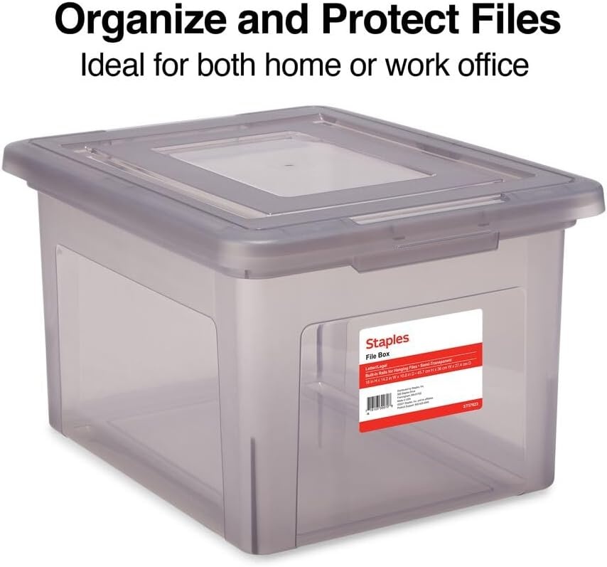image:imageSTAPLES Hanging File Folder Box Storage Bin Organizer Snap Lid Letter amp Legal Size Documents ClearGray
