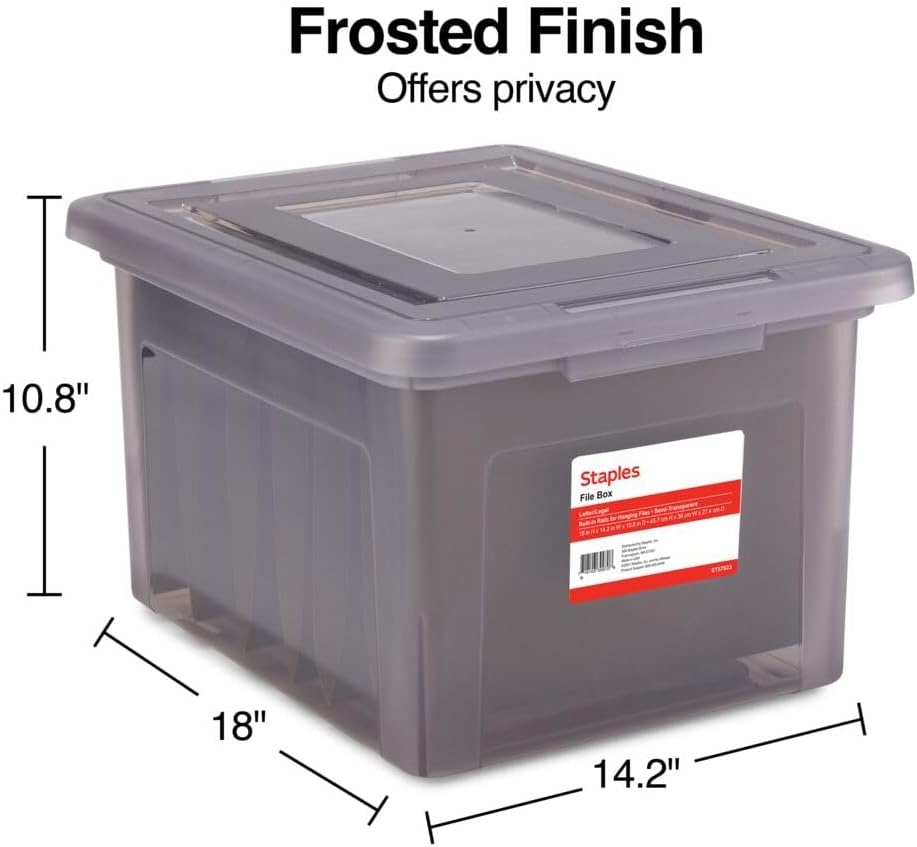 image:imageSTAPLES Hanging File Folder Box Storage Bin Organizer Snap Lid Letter amp Legal Size Documents ClearGray