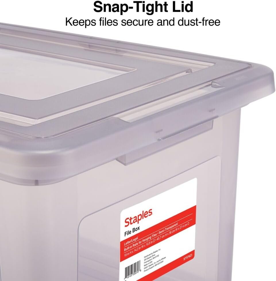 image:imageSTAPLES Hanging File Folder Box Storage Bin Organizer Snap Lid Letter amp Legal Size Documents ClearGray