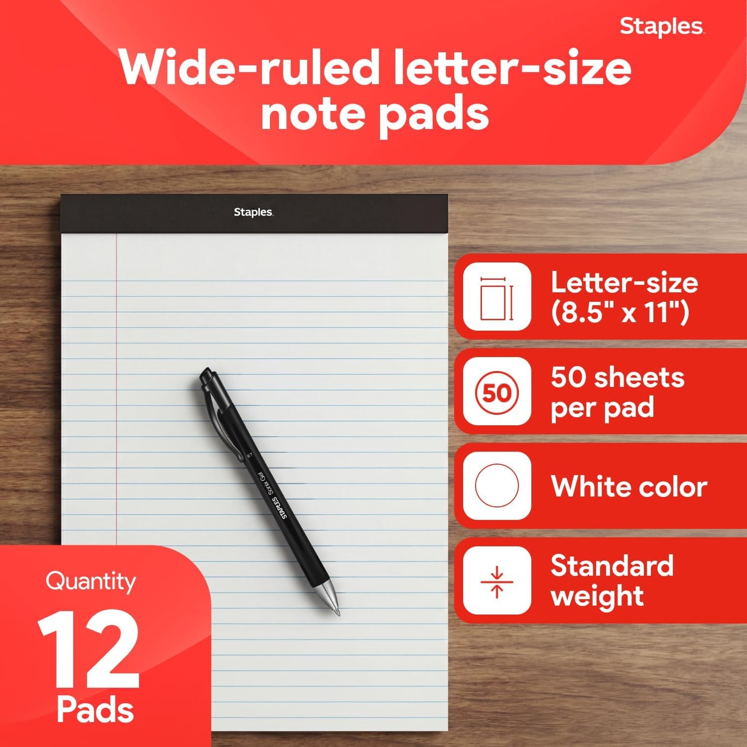 image:imageSTAPLES Legal Pads 85 x 11 Wide Ruled Perforated 50 SheetsPad 12PackNotepads 12 Pack