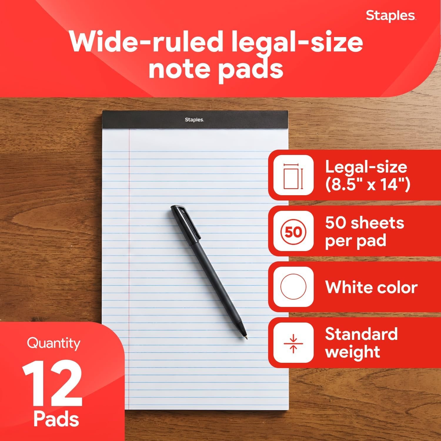 image:imageSTAPLES Legal Pads 85 x 14 Wide Ruled 50 SheetsPad 12PackWhite