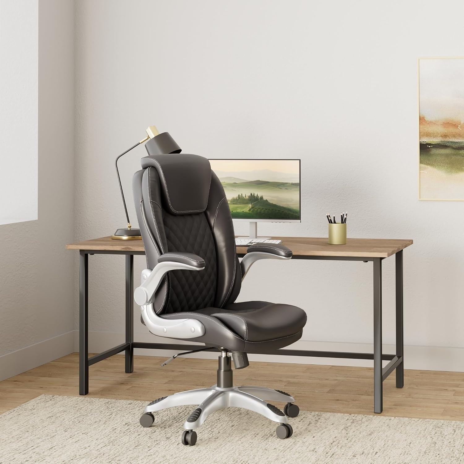 image:imageSTAPLES Sorina Bonded Leather Chair Adjustable Office Chair with Plush Padding Provides Lumbar Arm and Head Support Perfect Desk Chair for The Modern OfficeBlack