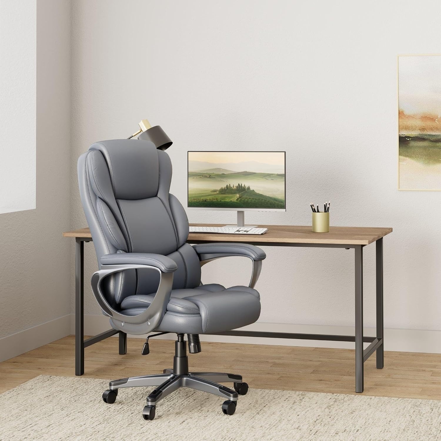 image:imageSTAPLES Sorina Bonded Leather Chair Adjustable Office Chair with Plush Padding Provides Lumbar Arm and Head Support Perfect Desk Chair for The Modern OfficeGrey