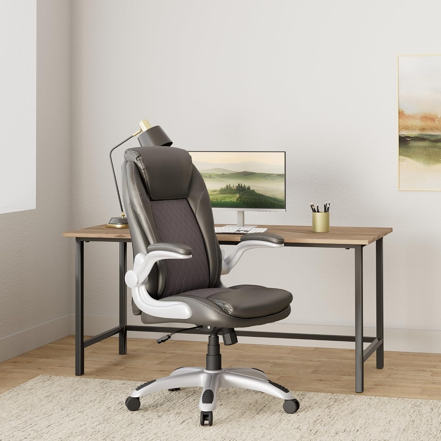 image:imageSTAPLES Sorina Bonded Leather Chair Adjustable Office Chair with Plush Padding Provides Lumbar Arm and Head Support Perfect Desk Chair for The Modern OfficeGrey