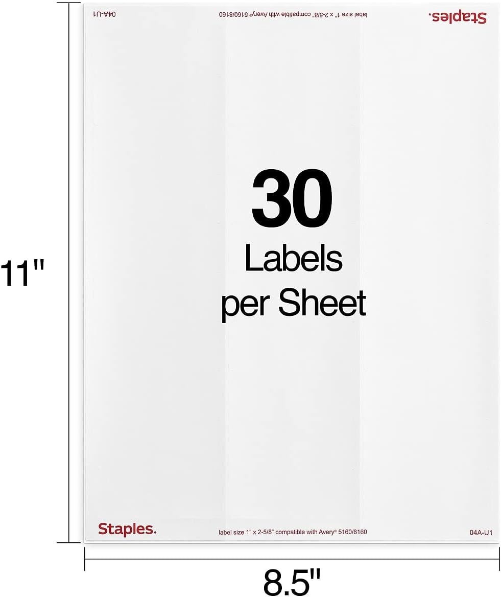 image:imageStaples 1 x 258 Address Labels White EasyPeel Printable Laser amp Inkjet Mailing Labels 30 Labels per Sheet 100Pack3 000 Labels