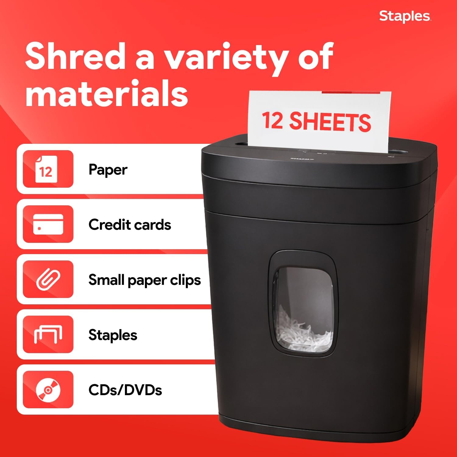 image:imageStaples 12Sheet MicroCut Paper Shredder HighSecurity Shreds Credit Cards for Home amp Office AntiJam Black12 Sheet Tall