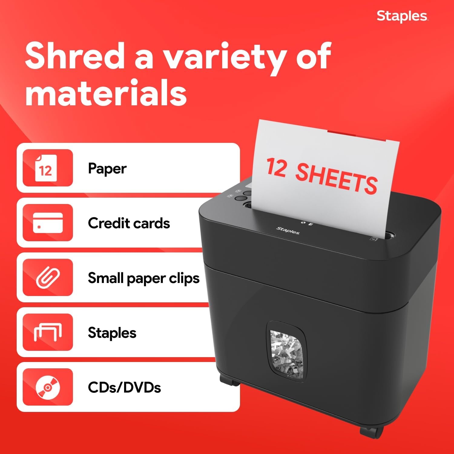 image:imageStaples 12Sheet MicroCut Paper Shredder HighSecurity Shreds Credit Cards for Home amp Office AntiJam Black12 Sheet Wide