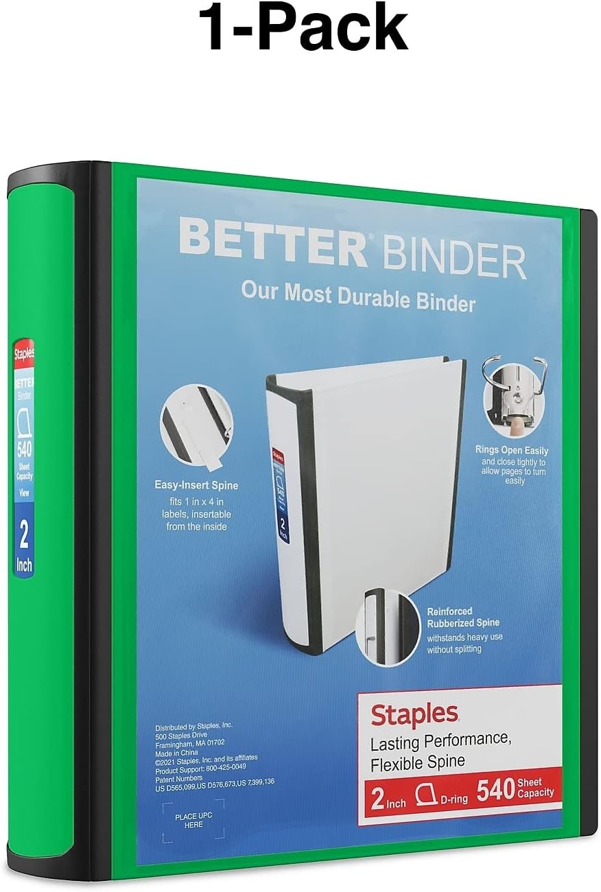 image:imageStaples 2Inch 3Ring Better Binder Durable View Binder for Office amp School Storage Green 2Pack