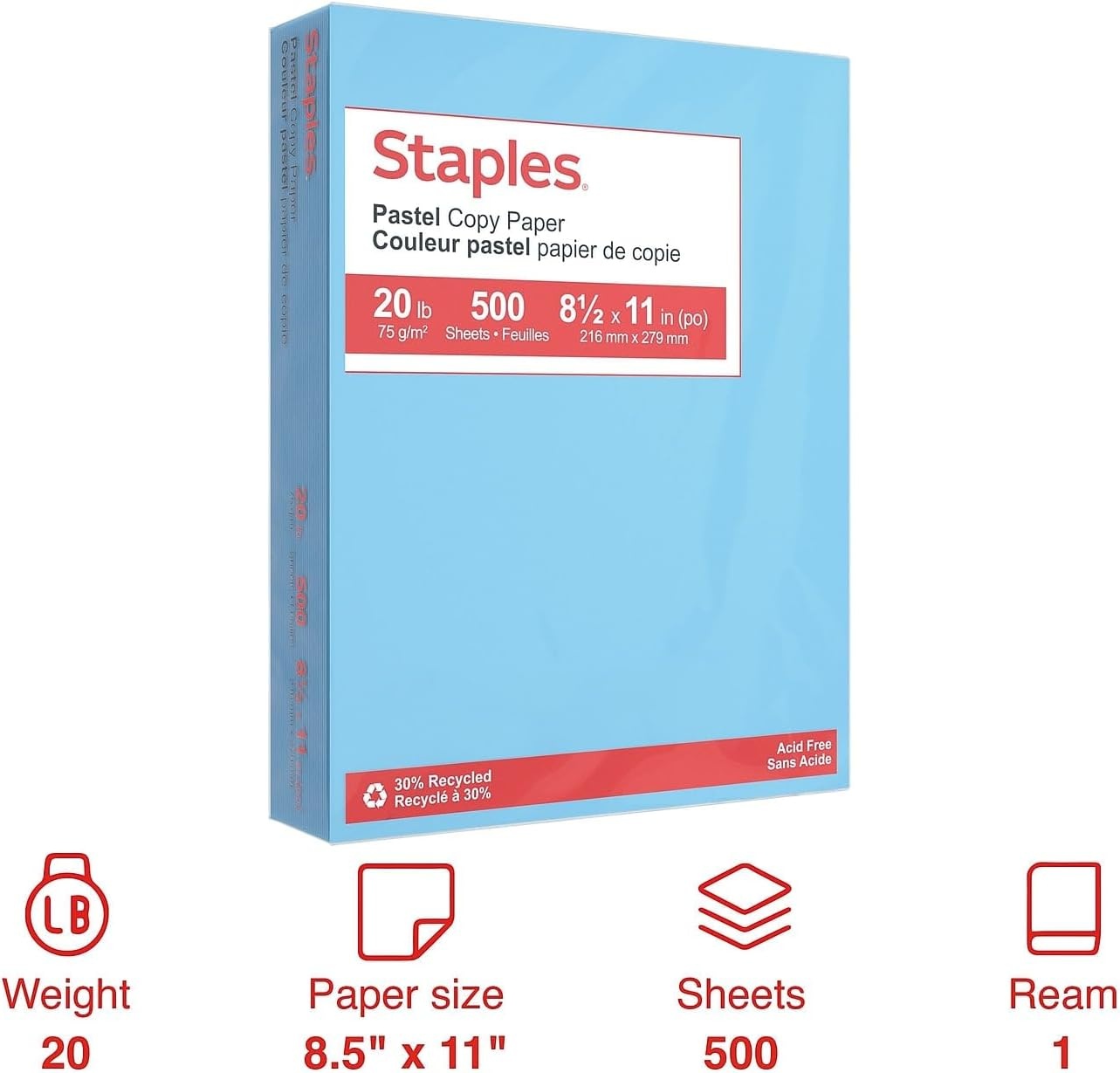 image:imageStaples 30 Recycled 85 x 11 Inch 20 lbs 500Sheets Pack Blue For Office School amp HomeBlue