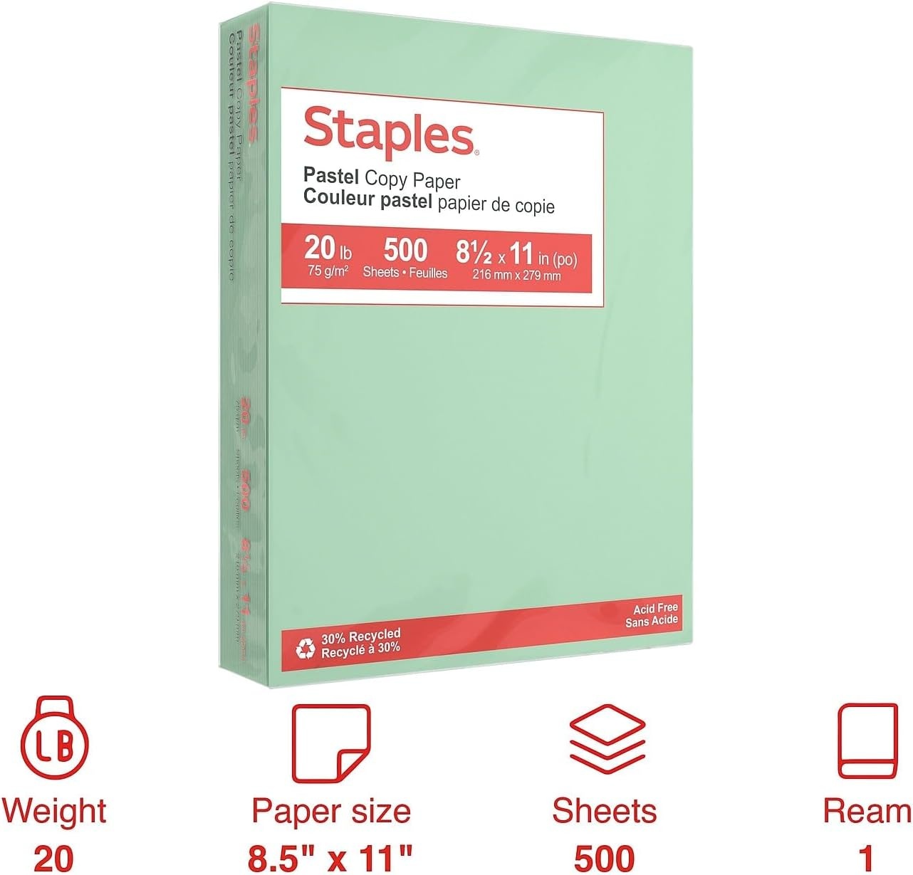 image:imageStaples 30 Recycled 85 x 11 Inch 20 lbs 500Sheets Pack Blue For Office School amp HomeGreen