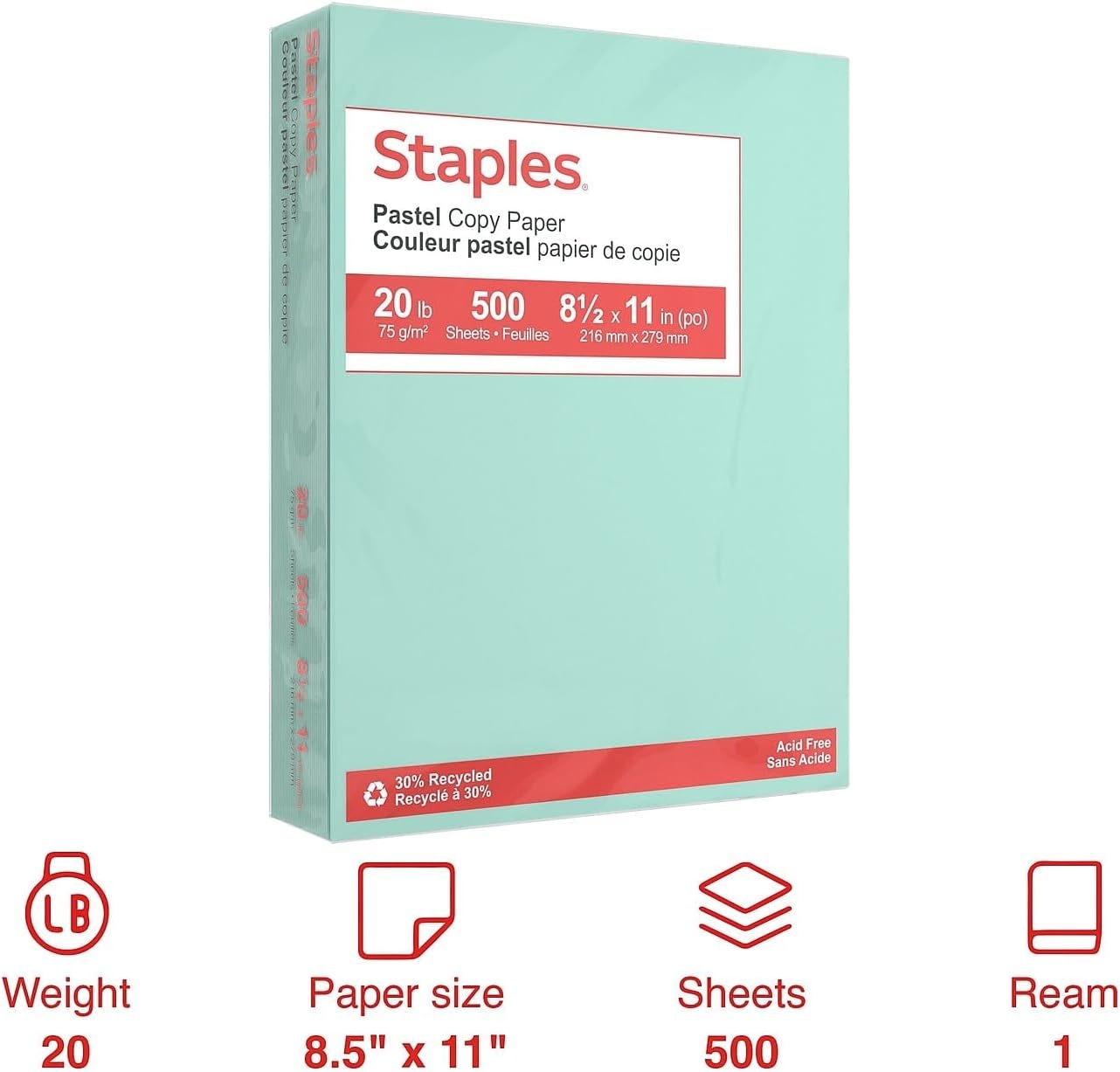 image:imageStaples 30 Recycled 85 x 11 Inch 20 lbs 500Sheets Pack Blue For Office School amp HomeTurquoise