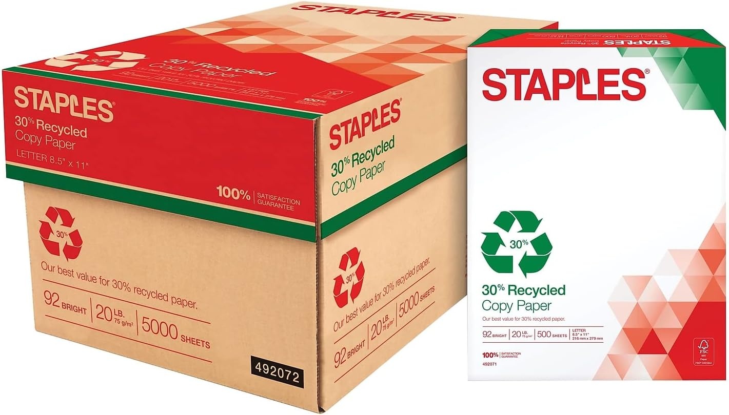 image:imageStaples 30 Recycled Copy Paper 8 12 x 11 Case For Office School amp Home85 x 11
