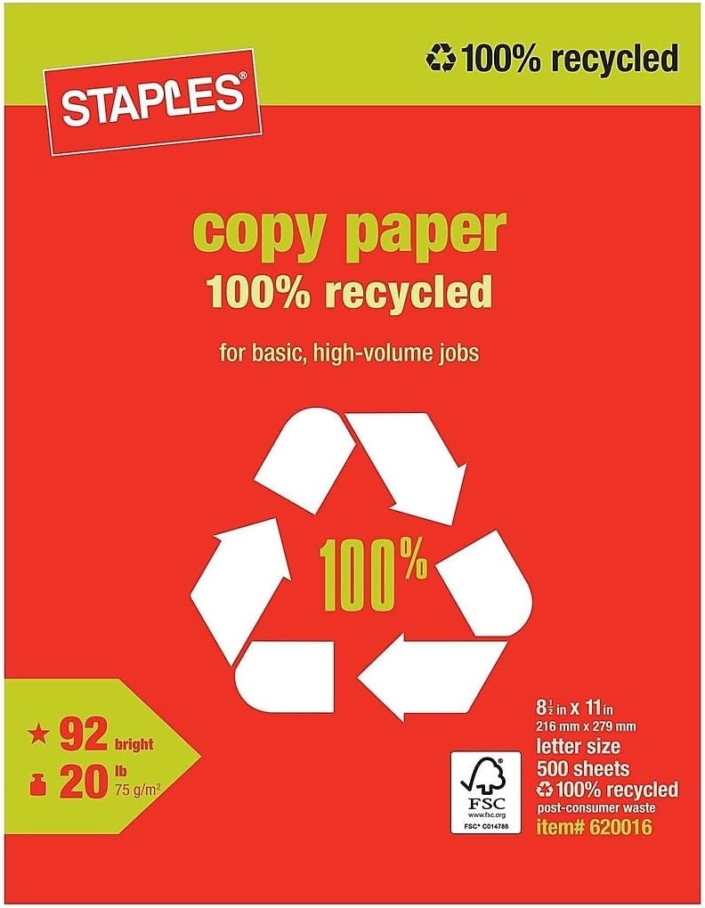 image:imageStaples 50 Recycled 85Inch x 11Inch Multipurpose Paper 24 lbs 96 Bright 10 RMCT For Office School amp Home100 Recycled