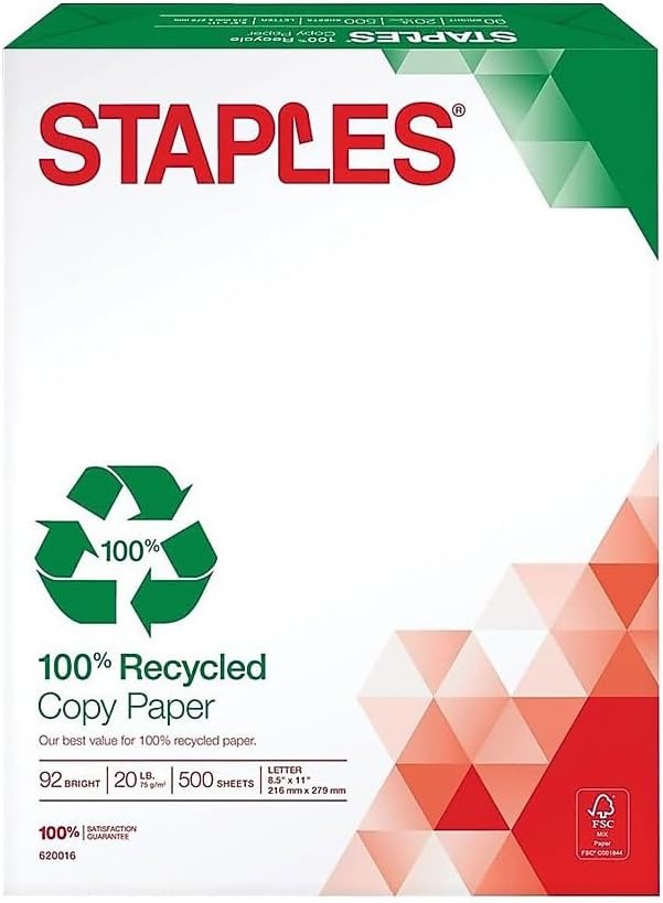 image:imageStaples 50 Recycled 85Inch x 11Inch Multipurpose Paper 24 lbs 96 Bright 10 RMCT For Office School amp Home100 Recycled