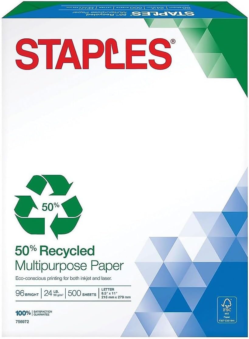 image:imageStaples 50 Recycled 85Inch x 11Inch Multipurpose Paper 24 lbs 96 Bright 10 RMCT For Office School amp Home50 Recycled