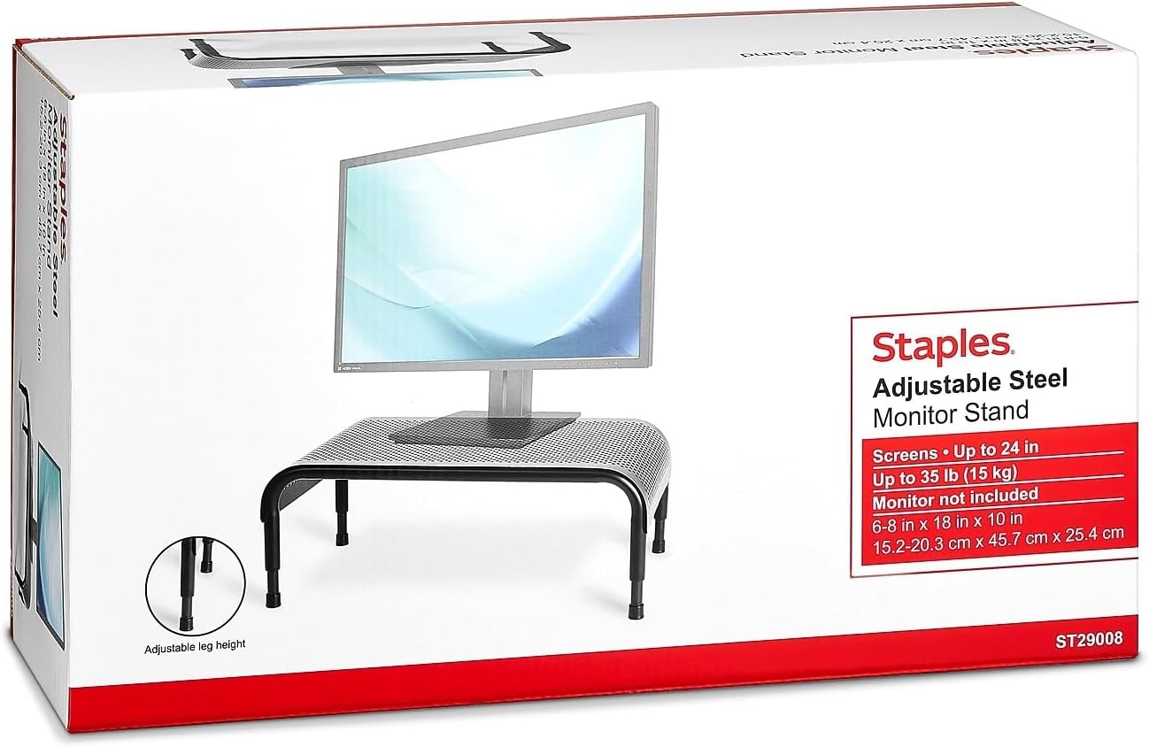 image:imageStaples Adjustable Steel Monitor Stand Ergonomic Desktop Riser for Monitors Laptops amp Office Accessories
