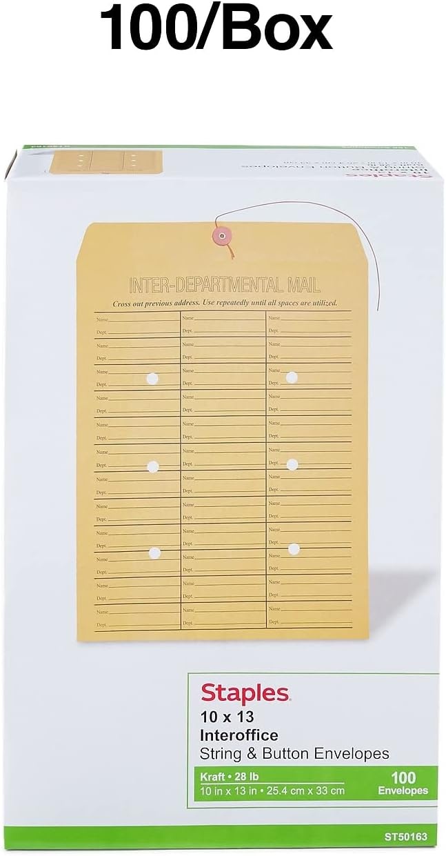 image:imageStaples ButtonandString InterDepartmental Envelopes 10 13 Brown Kraft Durable Construction 100Box