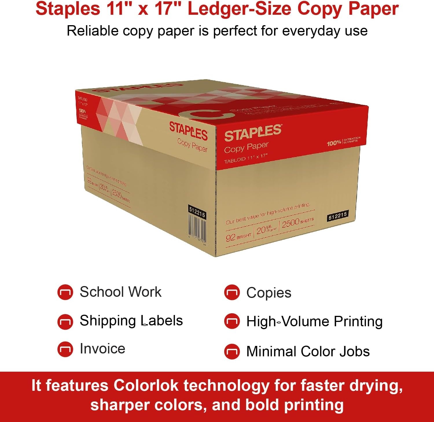 image:imageStaples Copy Paper 11 x 17 92 Brightness 20 lbs Ledger Size Paper For Office School amp Home5 Reams 2 500 Sheets