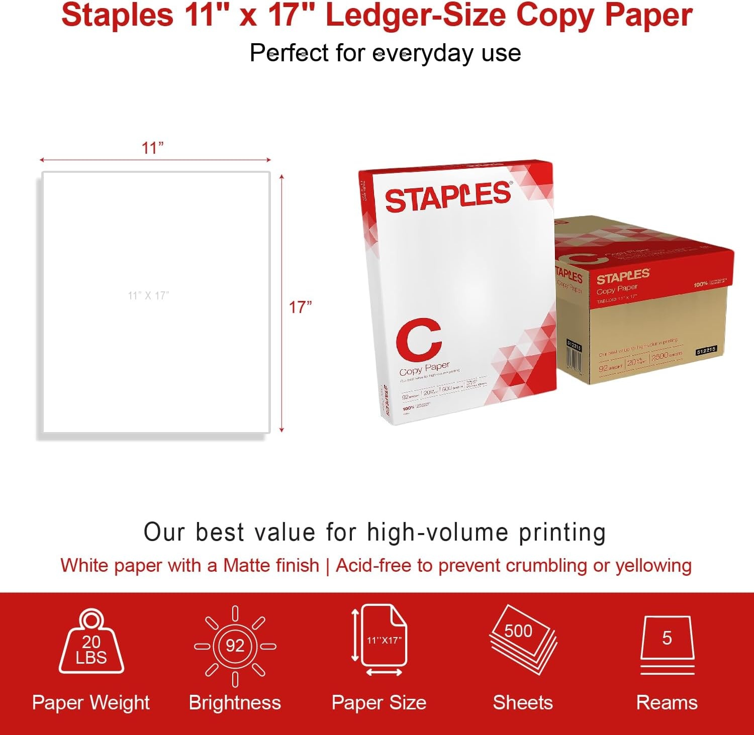 image:imageStaples Copy Paper 11 x 17 92 Brightness 20 lbs Ledger Size Paper For Office School amp Home5 Reams 2 500 Sheets
