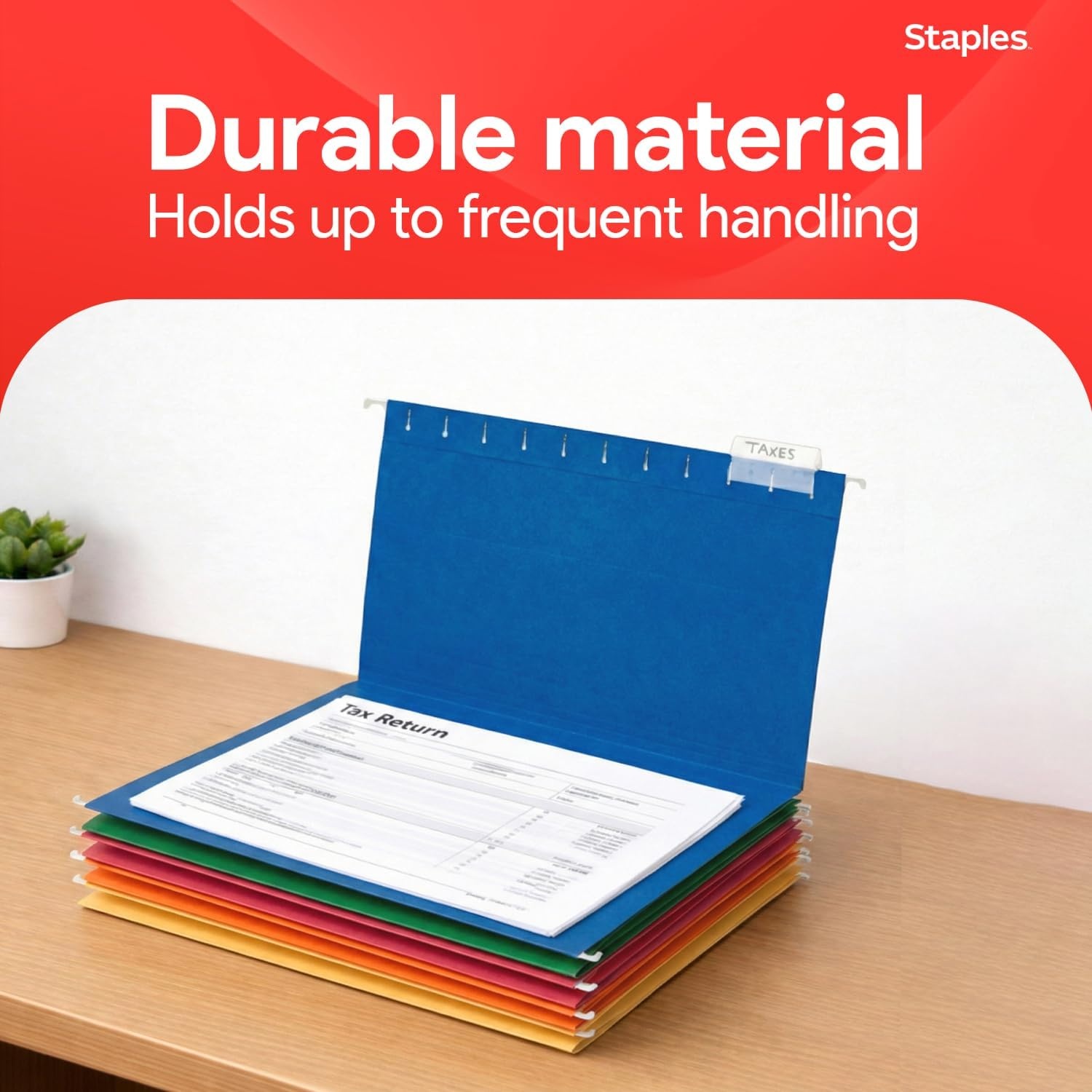 image:imageStaples Hanging File Folders Letter Size 15Cut Tabs Assorted Colors Adjustable Tabs with Paper Inserts 25Pack