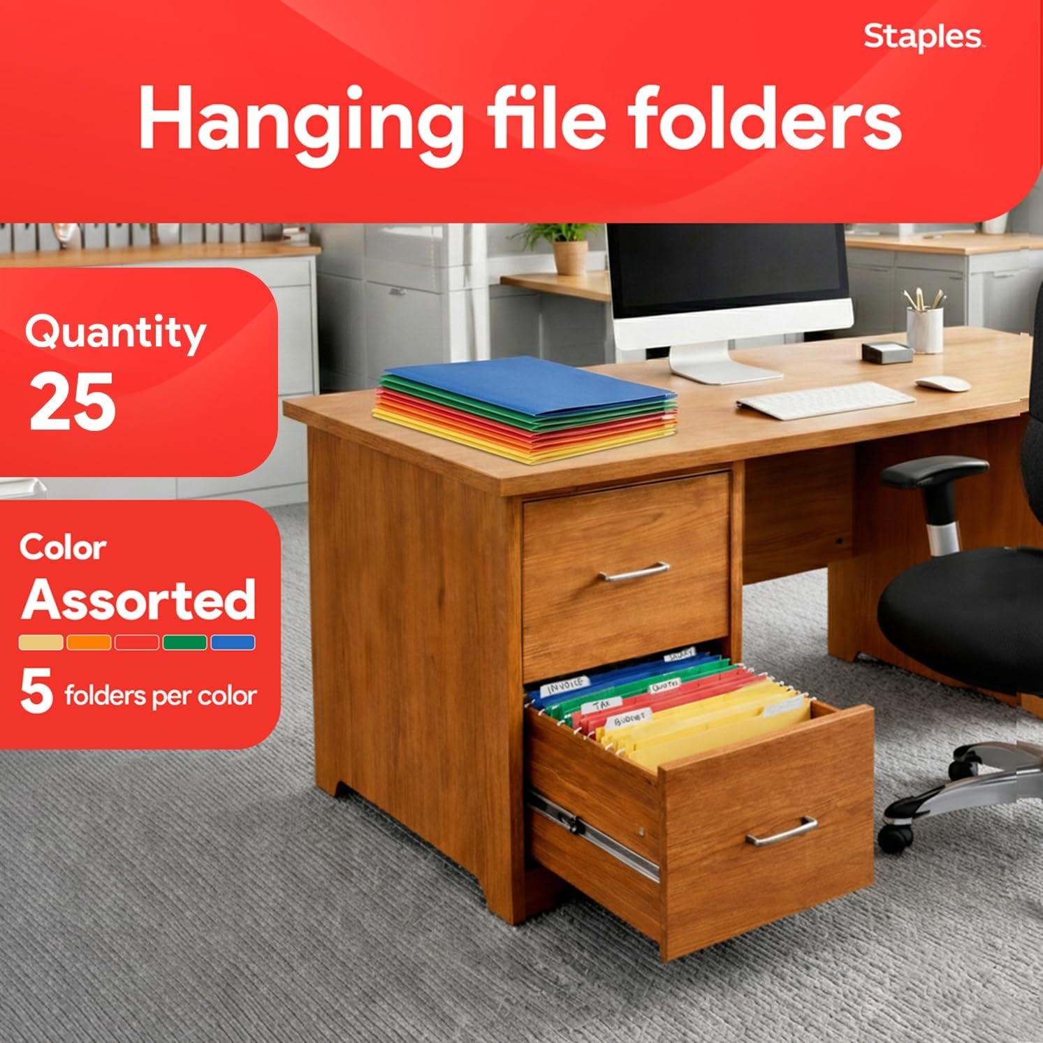 image:imageStaples Hanging File Folders Letter Size 15Cut Tabs Assorted Colors Adjustable Tabs with Paper Inserts 25Pack