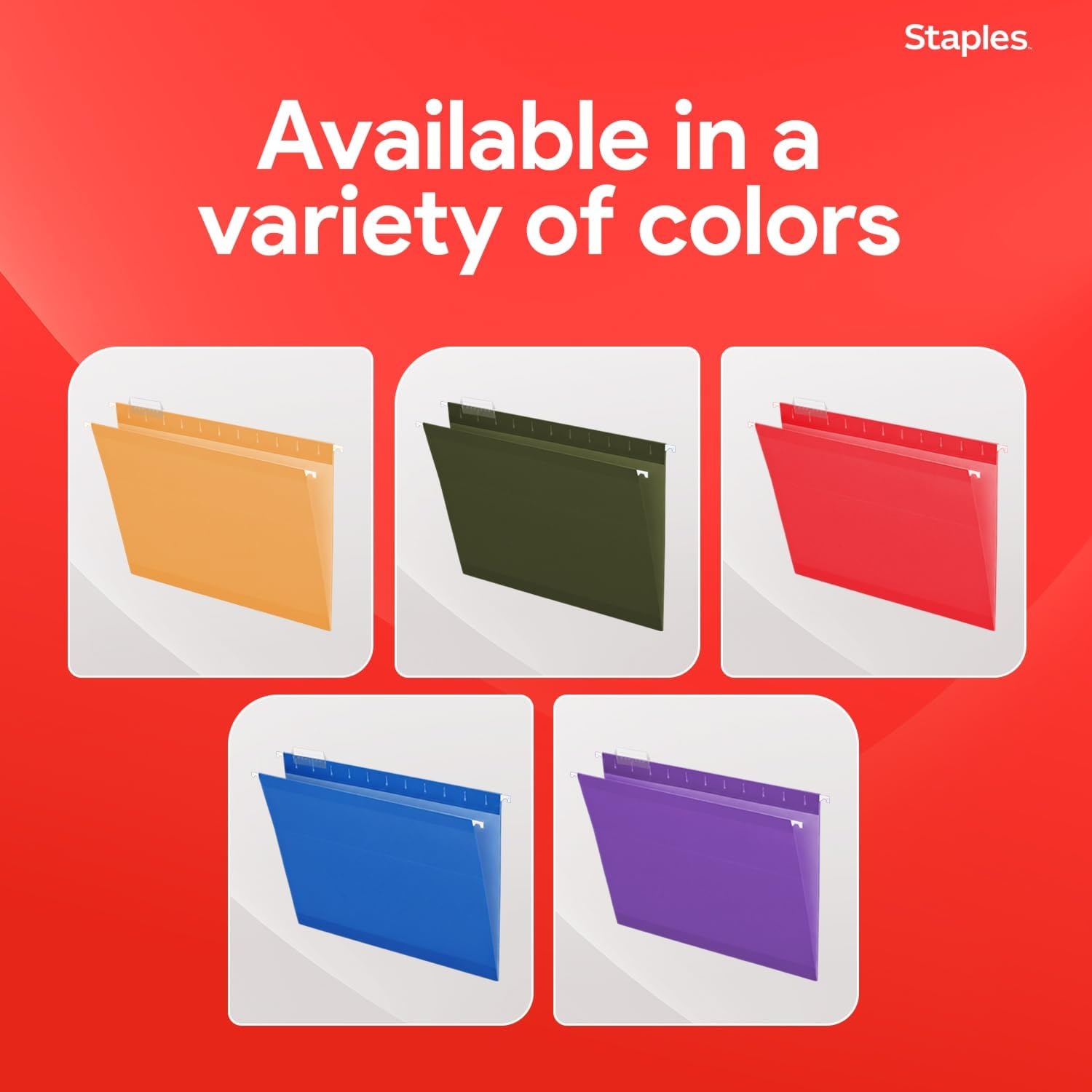 image:imageStaples Hanging File Folders Letter Size 15Cut Tabs Assorted Colors Adjustable Tabs with Paper Inserts 25Pack