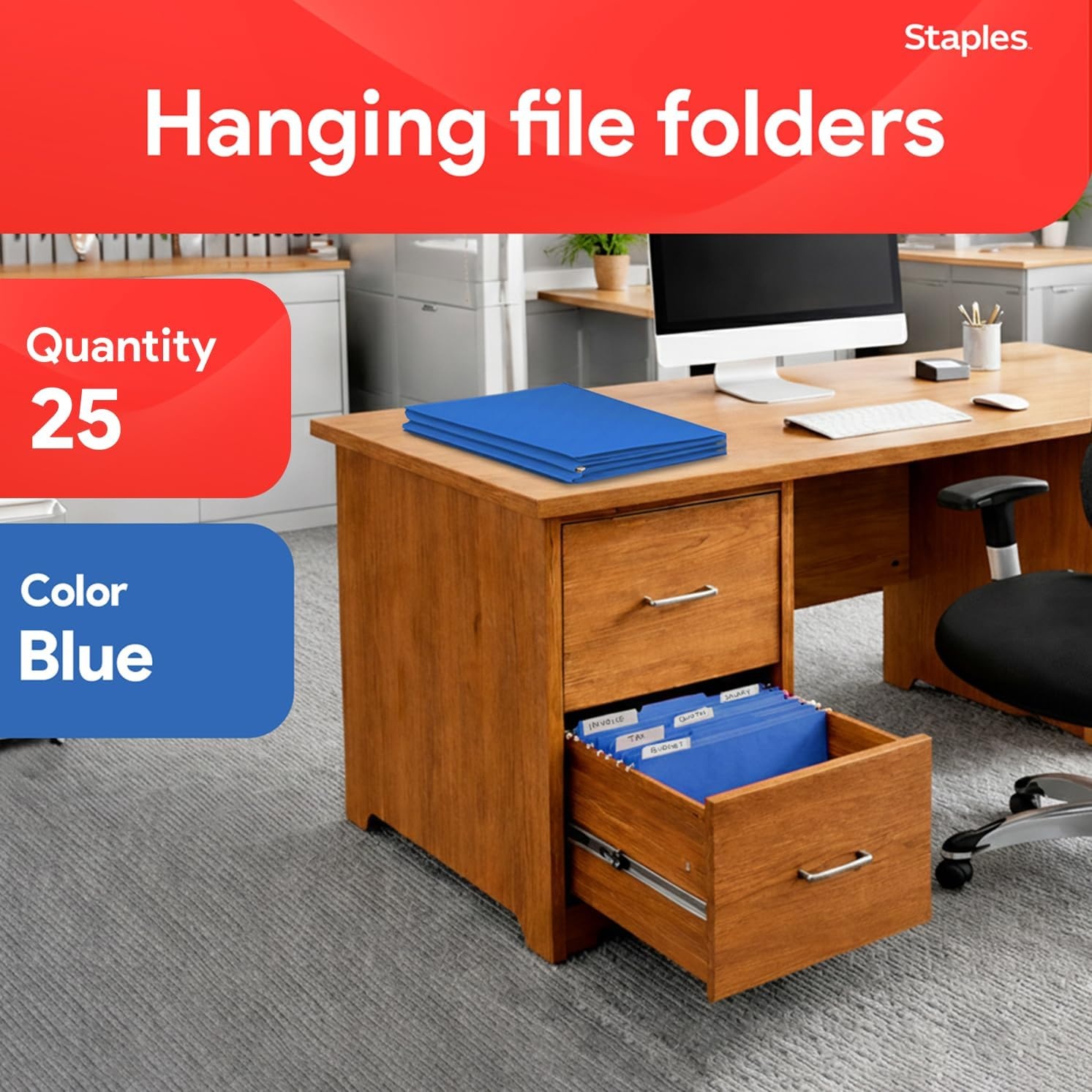 image:imageStaples Hanging File Folders Letter Size Purple 15Cut Tabs TearResistant Includes Tabs amp Inserts 25PackBlue