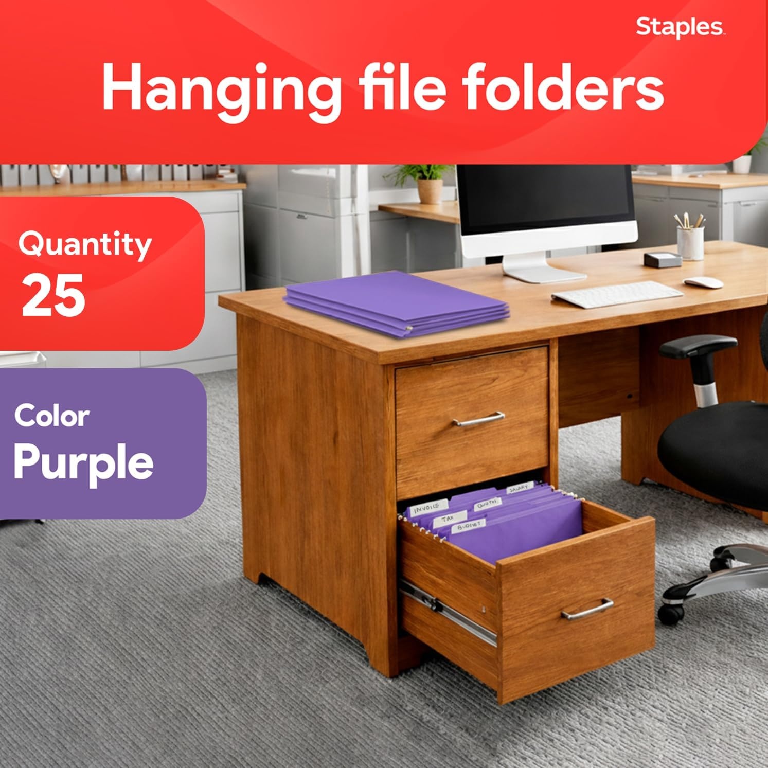 image:imageStaples Hanging File Folders Letter Size Purple 15Cut Tabs TearResistant Includes Tabs amp Inserts 25PackPurple