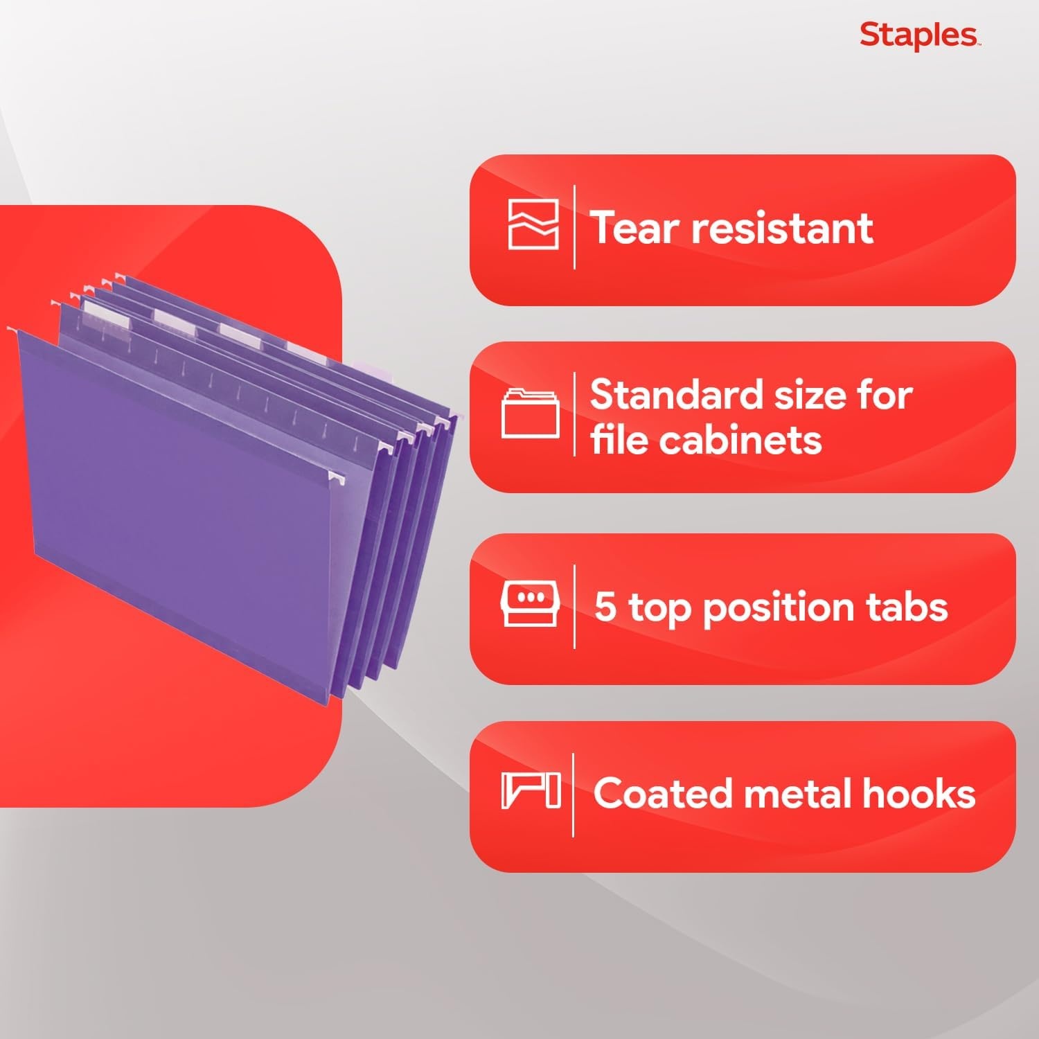 image:imageStaples Hanging File Folders Letter Size Purple 15Cut Tabs TearResistant Includes Tabs amp Inserts 25PackPurple