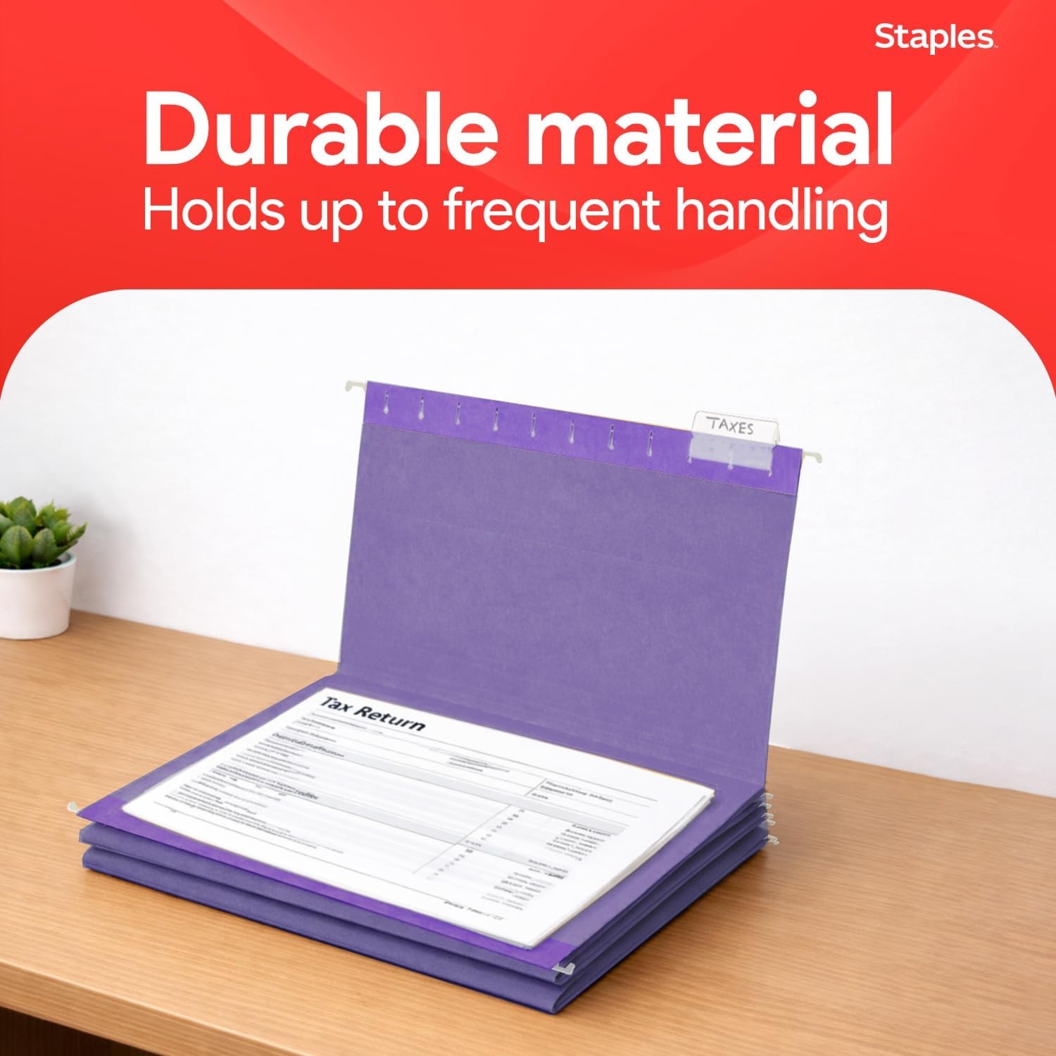 image:imageStaples Hanging File Folders Letter Size Purple 15Cut Tabs TearResistant Includes Tabs amp Inserts 25PackPurple