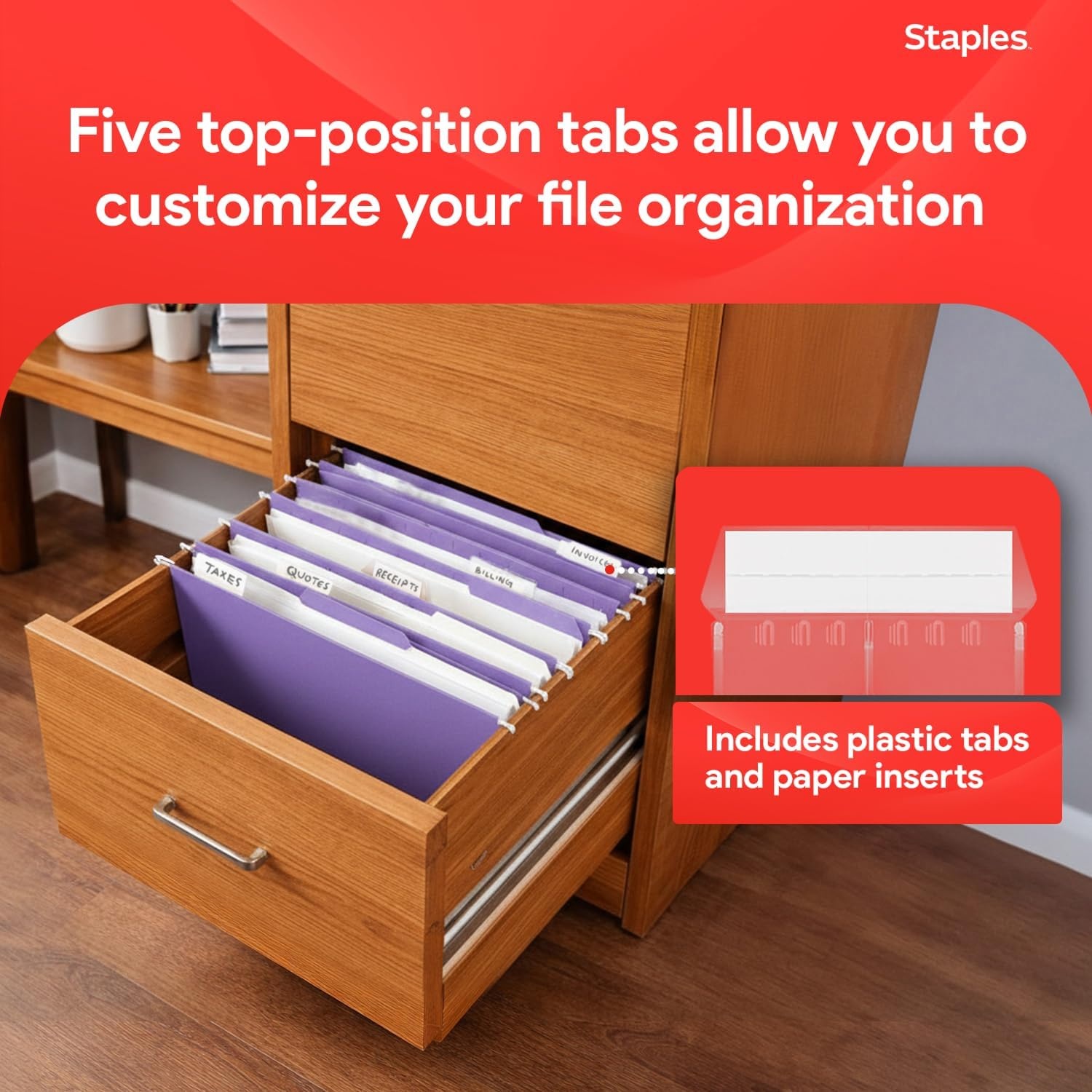 image:imageStaples Hanging File Folders Letter Size Purple 15Cut Tabs TearResistant Includes Tabs amp Inserts 25PackPurple
