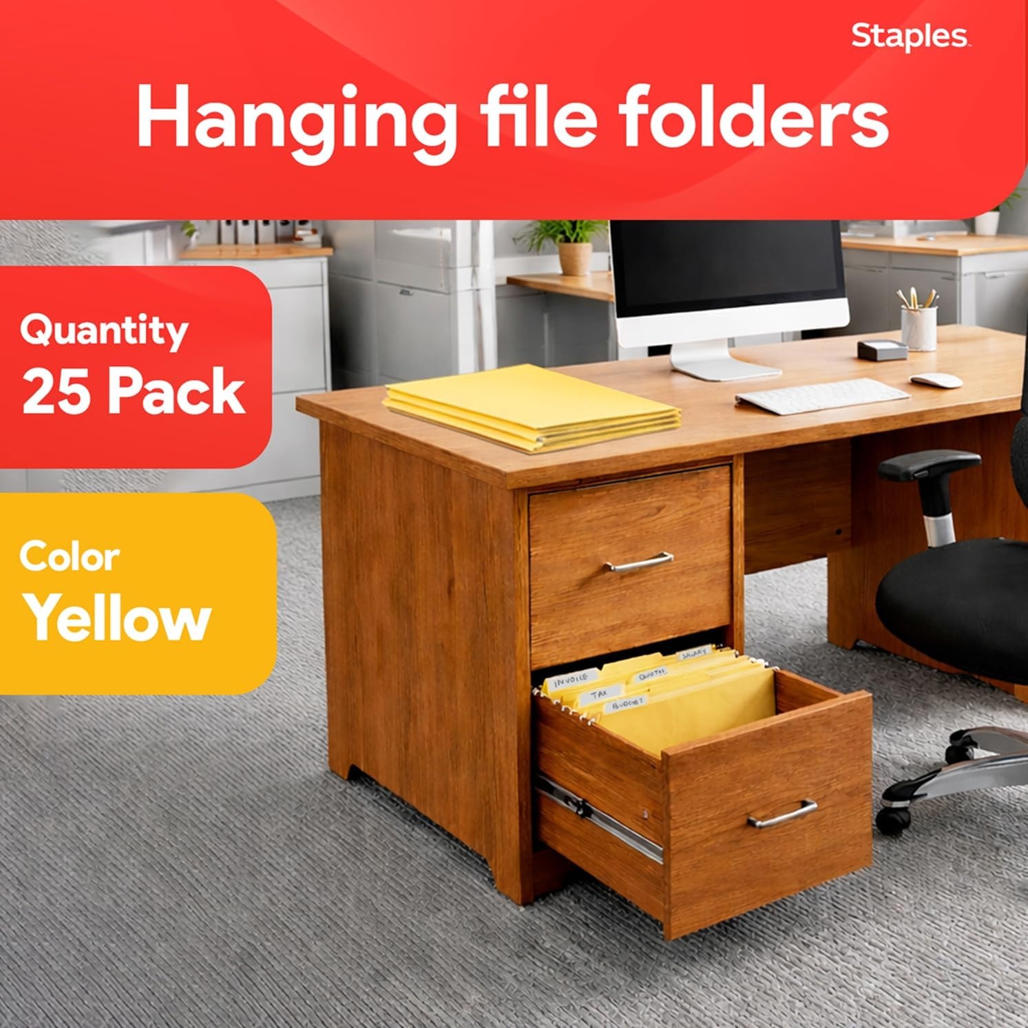 image:imageStaples Hanging File Folders Letter Size Purple 15Cut Tabs TearResistant Includes Tabs amp Inserts 25PackYellow