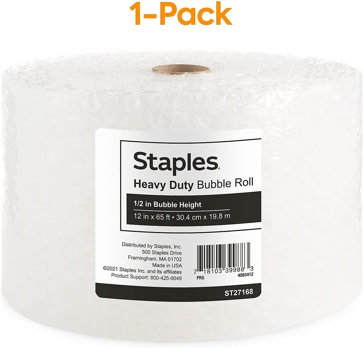 image:imageStaples HeavyDuty Bubble Cushioning Roll 12 Large Bubble 12 x 65 HighImpact Protection for Fragile Shipping Items