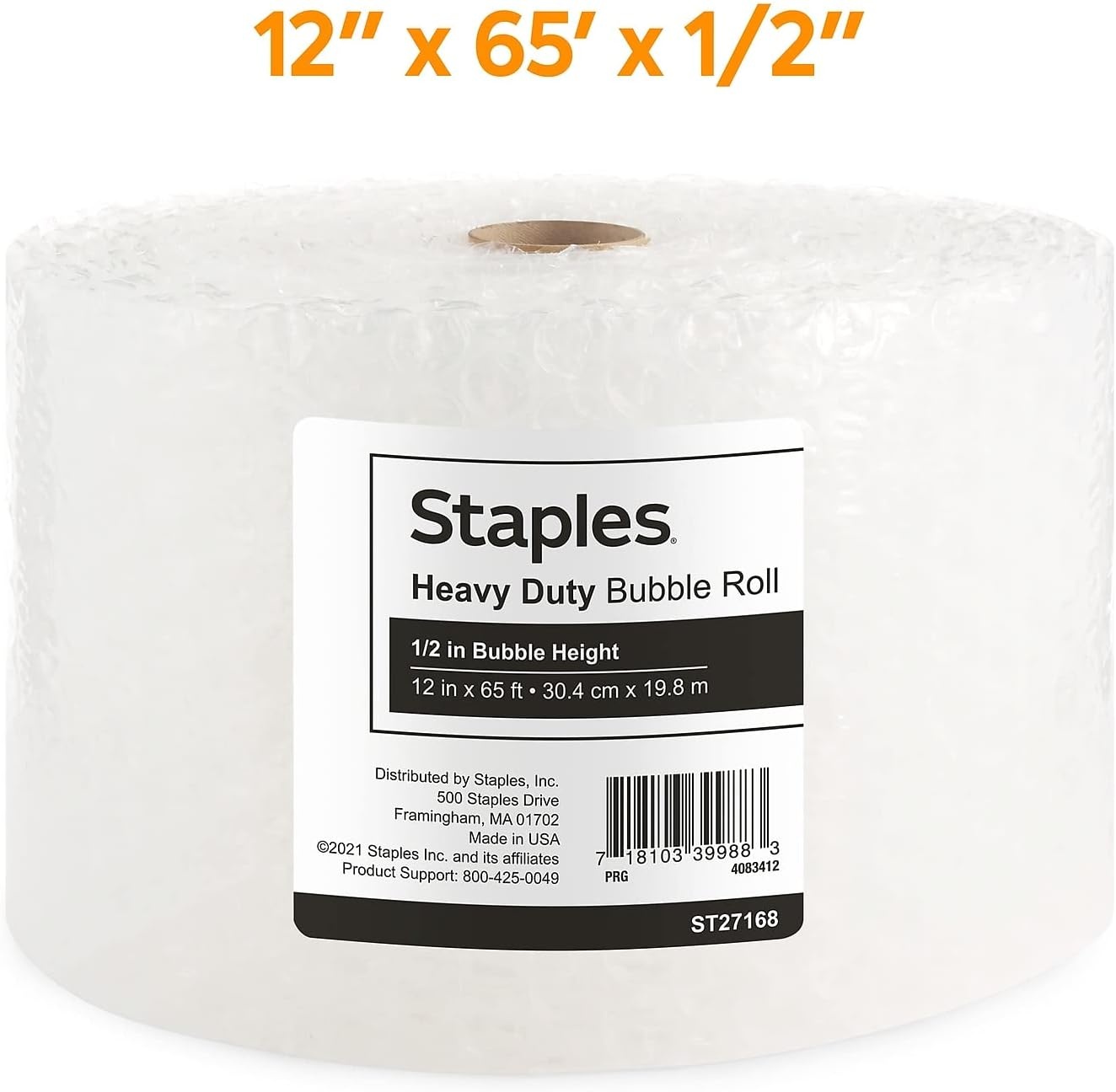 image:imageStaples HeavyDuty Bubble Cushioning Roll 12 Large Bubble 12 x 65 HighImpact Protection for Fragile Shipping Items