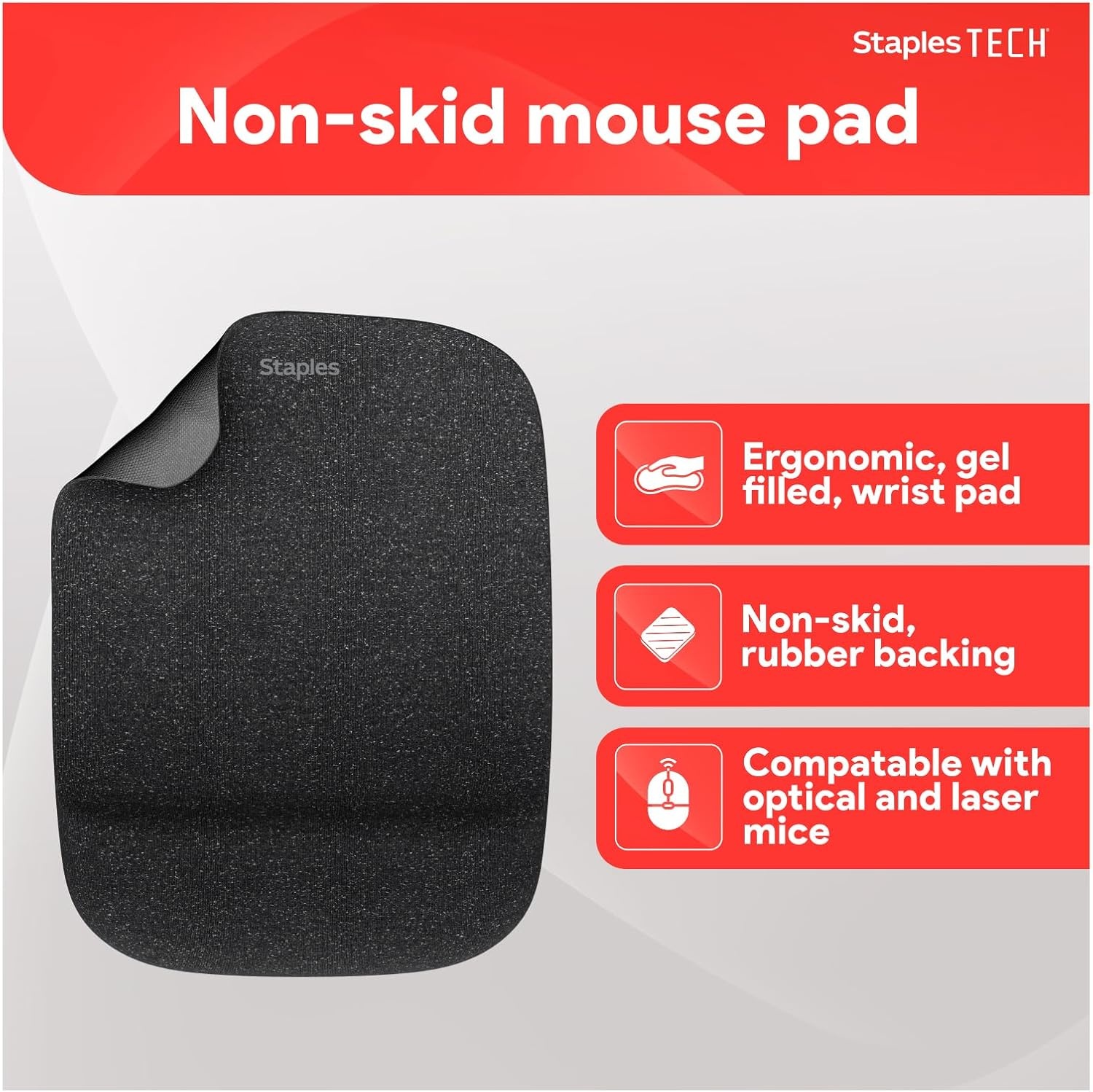 image:imageStaples Mouse Pad with Gel Wrist Rest Ergonomic NonSlip Base Soft Wrist Support for Comfortable Typing amp Precise Mouse Control Black 53326Black