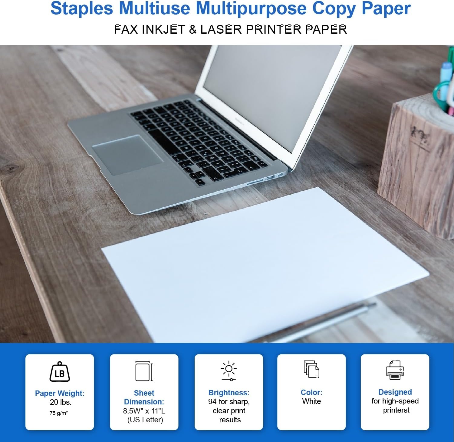 image:imageStaples Multiuse 85Inch X 11Inch Copy Paper 20 Lbs 94 Brightness 500Rm 5 RmCt4 000 Sheets