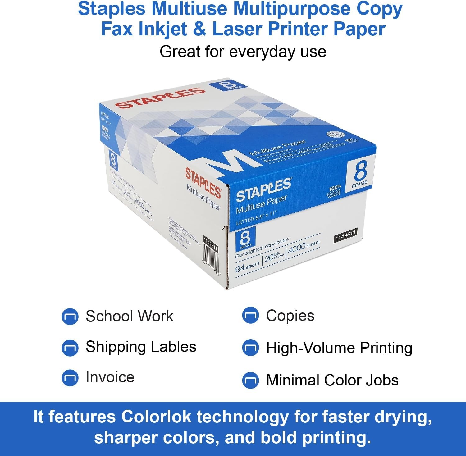 image:imageStaples Multiuse 85Inch X 11Inch Copy Paper 20 Lbs 94 Brightness 500Rm 5 RmCt4 000 Sheets