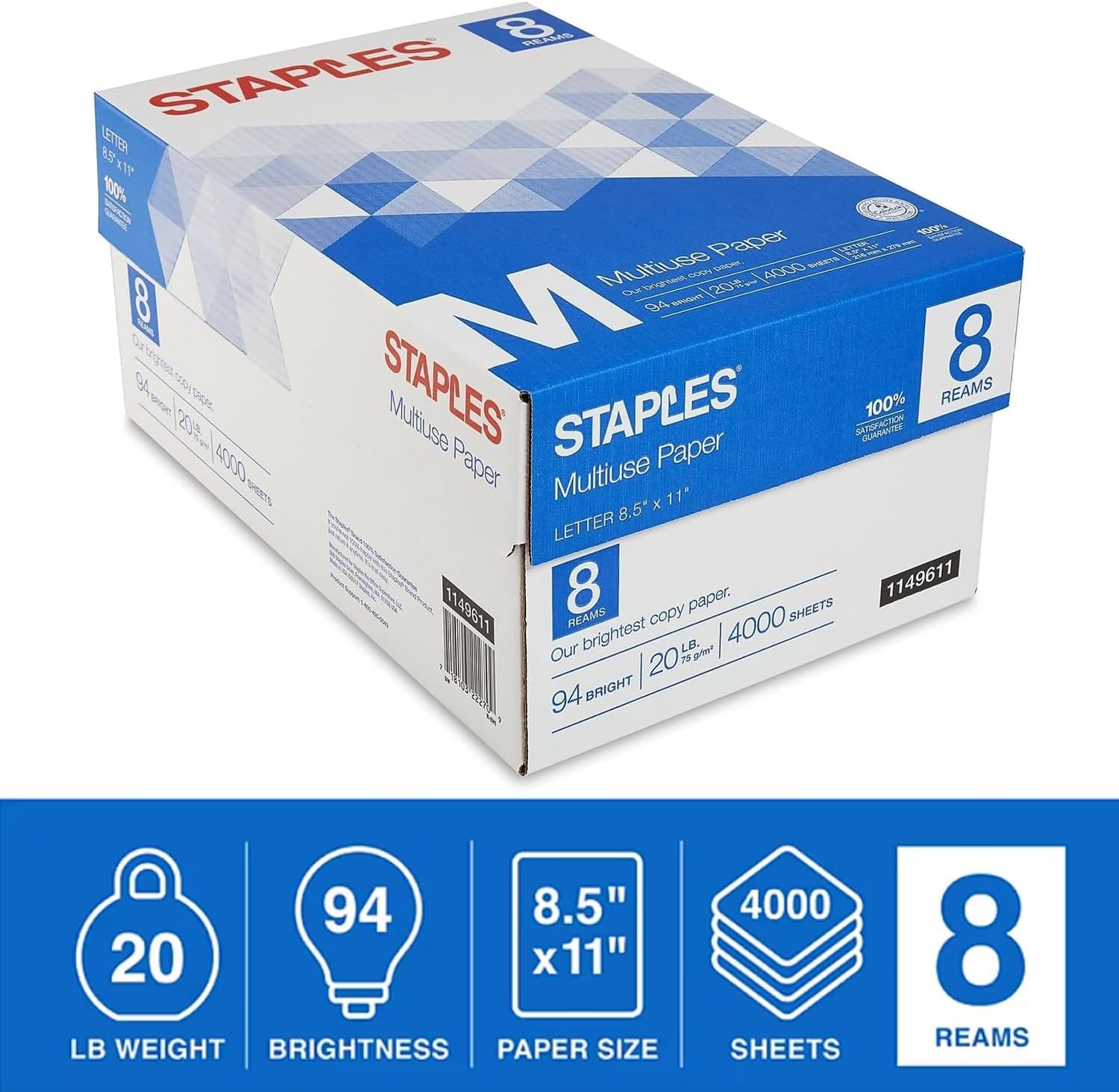 image:imageStaples Multiuse 85Inch X 11Inch Copy Paper 20 Lbs 94 Brightness 500Rm 5 RmCt4 000 Sheets