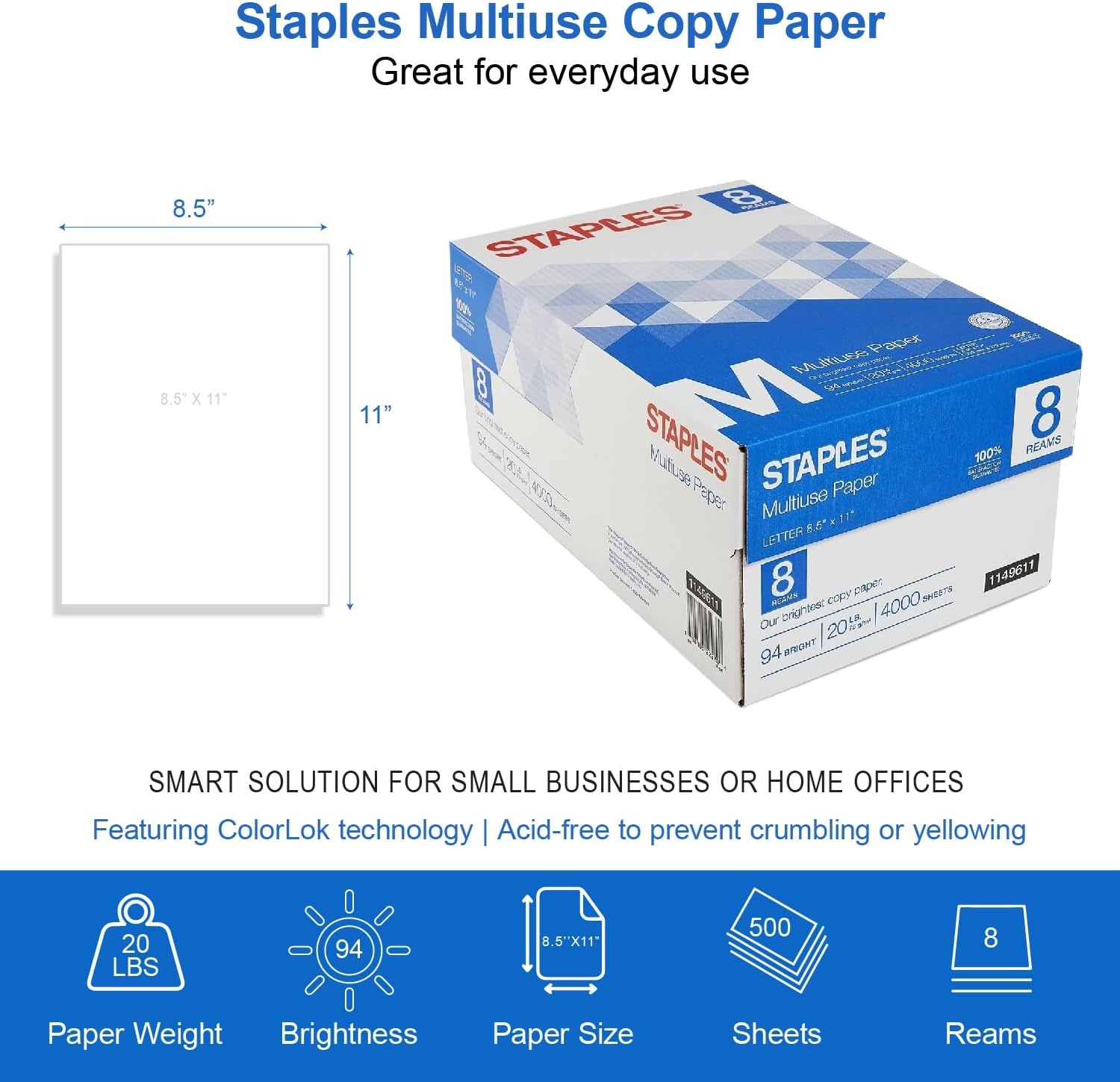 image:imageStaples Multiuse 85Inch X 11Inch Copy Paper 20 Lbs 94 Brightness 500Rm 5 RmCt4 000 Sheets