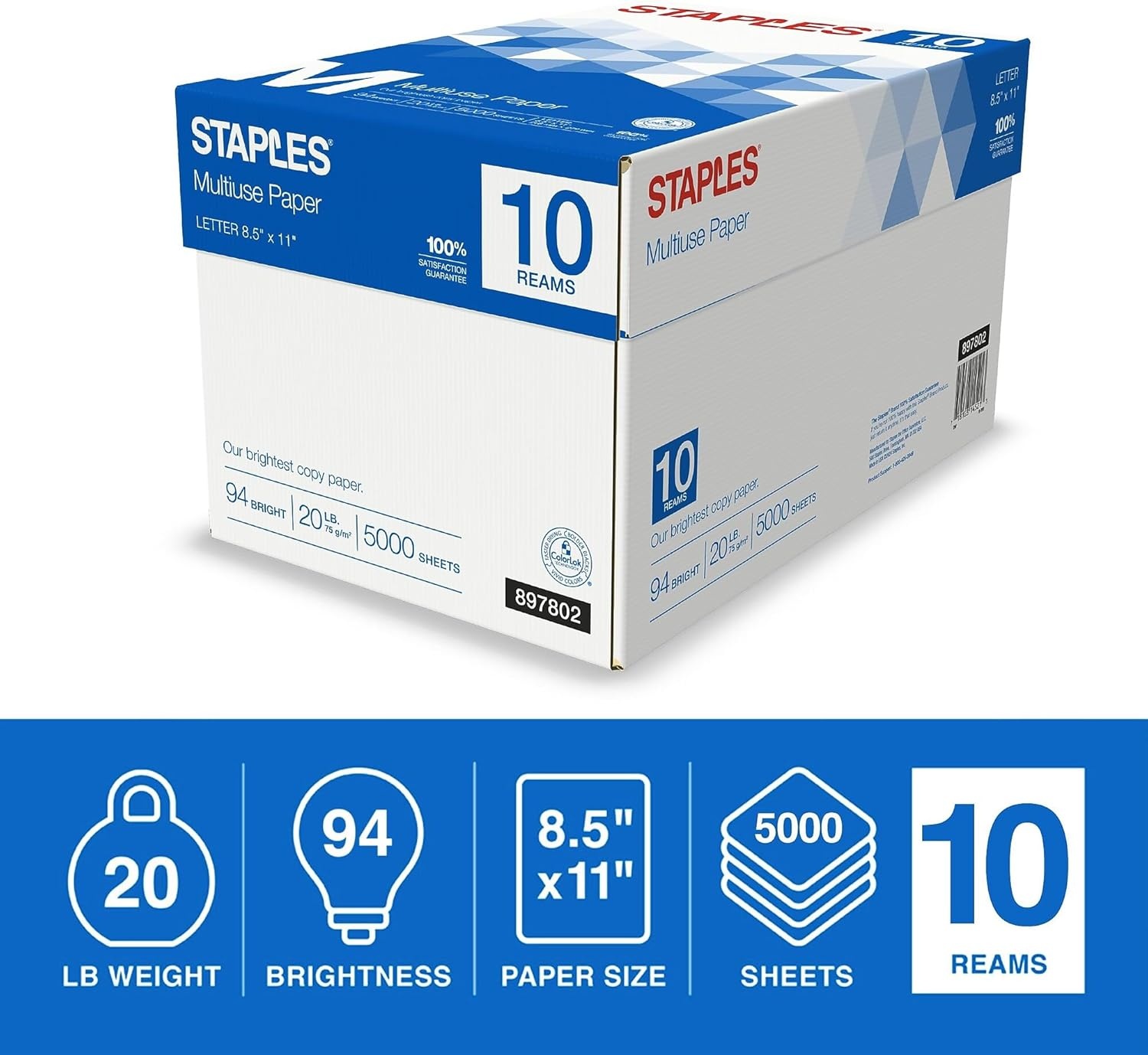 image:imageStaples Multiuse 85Inch X 11Inch Copy Paper 20 Lbs 94 Brightness 500Rm 5 RmCt5 000 Sheets