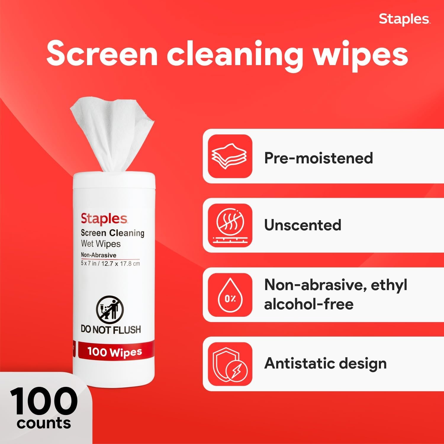 image:imageStaples Screen Cleaning Wipes 100 per Tub Safe for Monitors Laptops amp Electronics 2Pack100 Count Pack of 1
