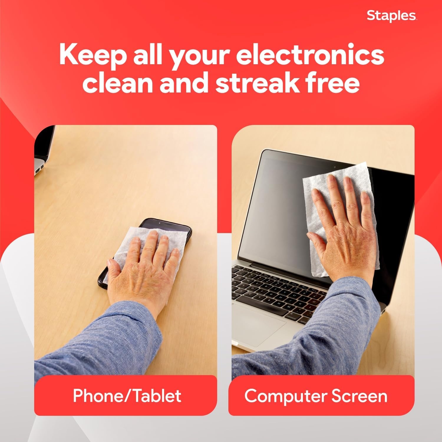image:imageStaples Screen Cleaning Wipes 100 per Tub Safe for Monitors Laptops amp Electronics 2Pack100 Count Pack of 1