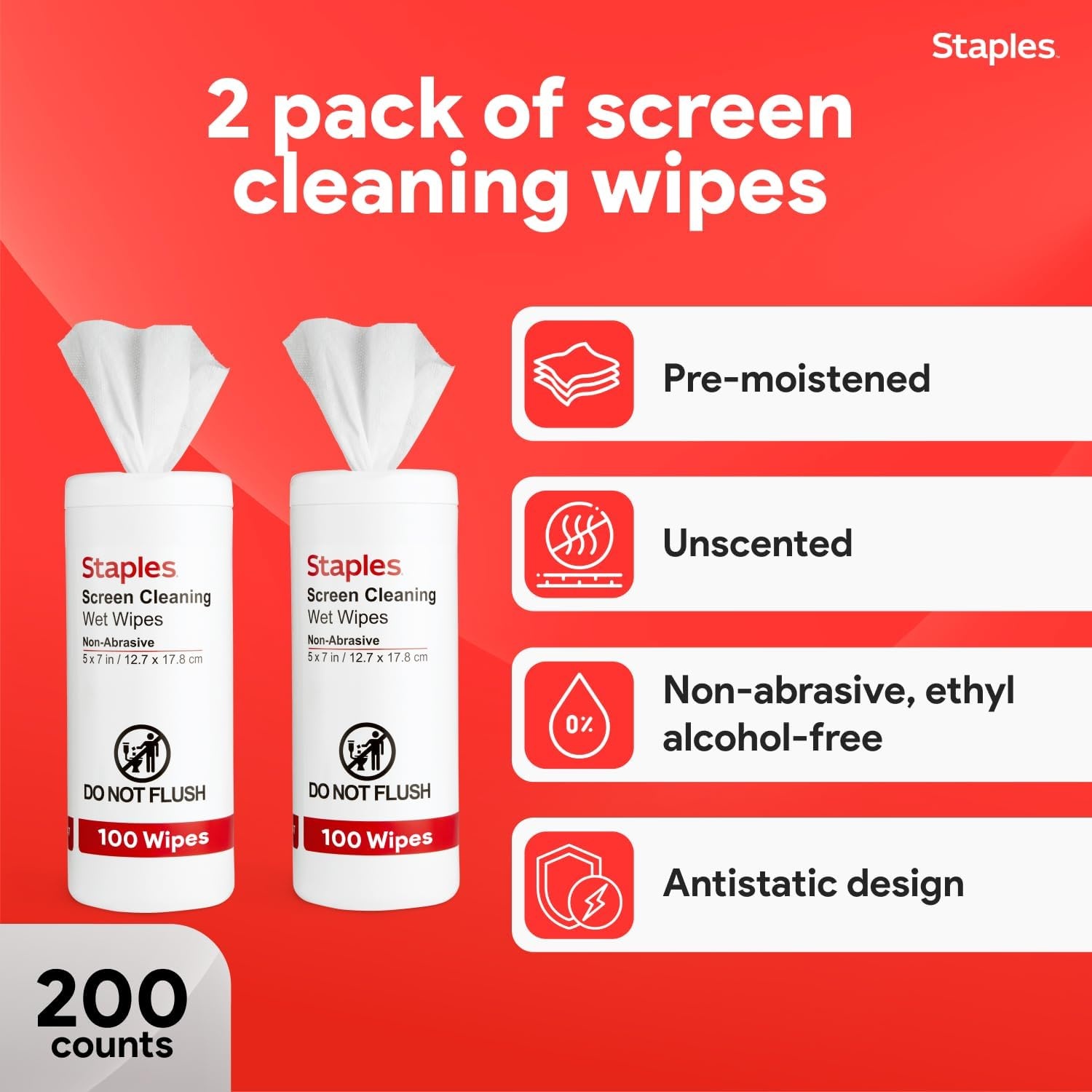 image:imageStaples Screen Cleaning Wipes 100 per Tub Safe for Monitors Laptops amp Electronics 2Pack2 Pack