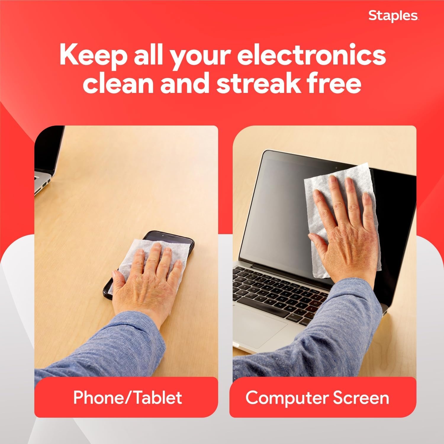image:imageStaples Screen Cleaning Wipes 100 per Tub Safe for Monitors Laptops amp Electronics 2Pack2 Pack