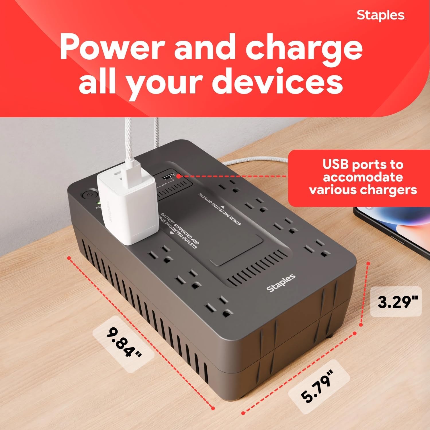 image:imageStaples TECH 650VA UPS Battery Backup with 8 Outlets Standby Power Supply amp Surge Protection for Computers Routers amp Home Office Electronics Black