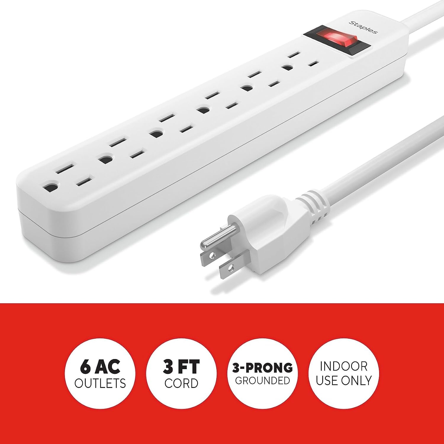 image:imageStaples TECH 6Outlet Power Strip 3 ft Extension Cord for Home Office amp Dorm Room Use White 3Pack1 Pack